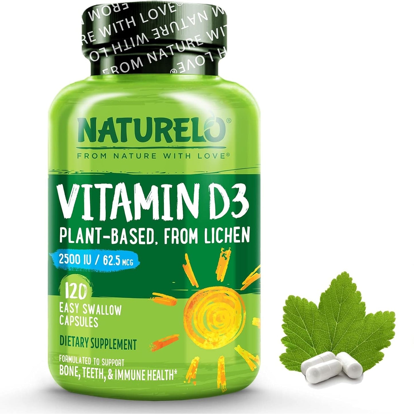 NATURELO Vitamin D - 2500 IU - Plant Based from Lichen - Natural D3 Supplement for Immune System, Bone Support, Joint Health - Vegan - Non-GMO - Gluten Free - 180 Mini Capsules - Medaid