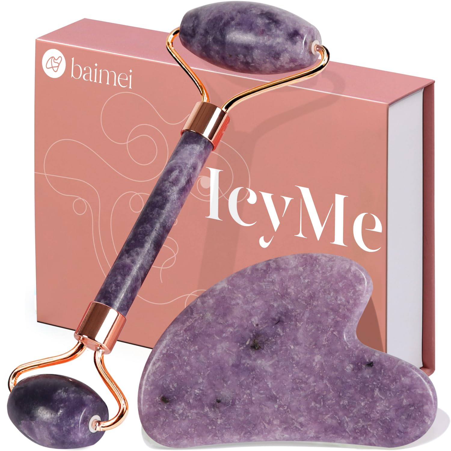 BAIMEI IcyMe Gua Sha & Jade Roller Facial Tools Face Roller and Gua Sha Set for Puffiness and Redness Reducing Skin Care Routine, Self Care Gift for Men Women - Green - Medaid