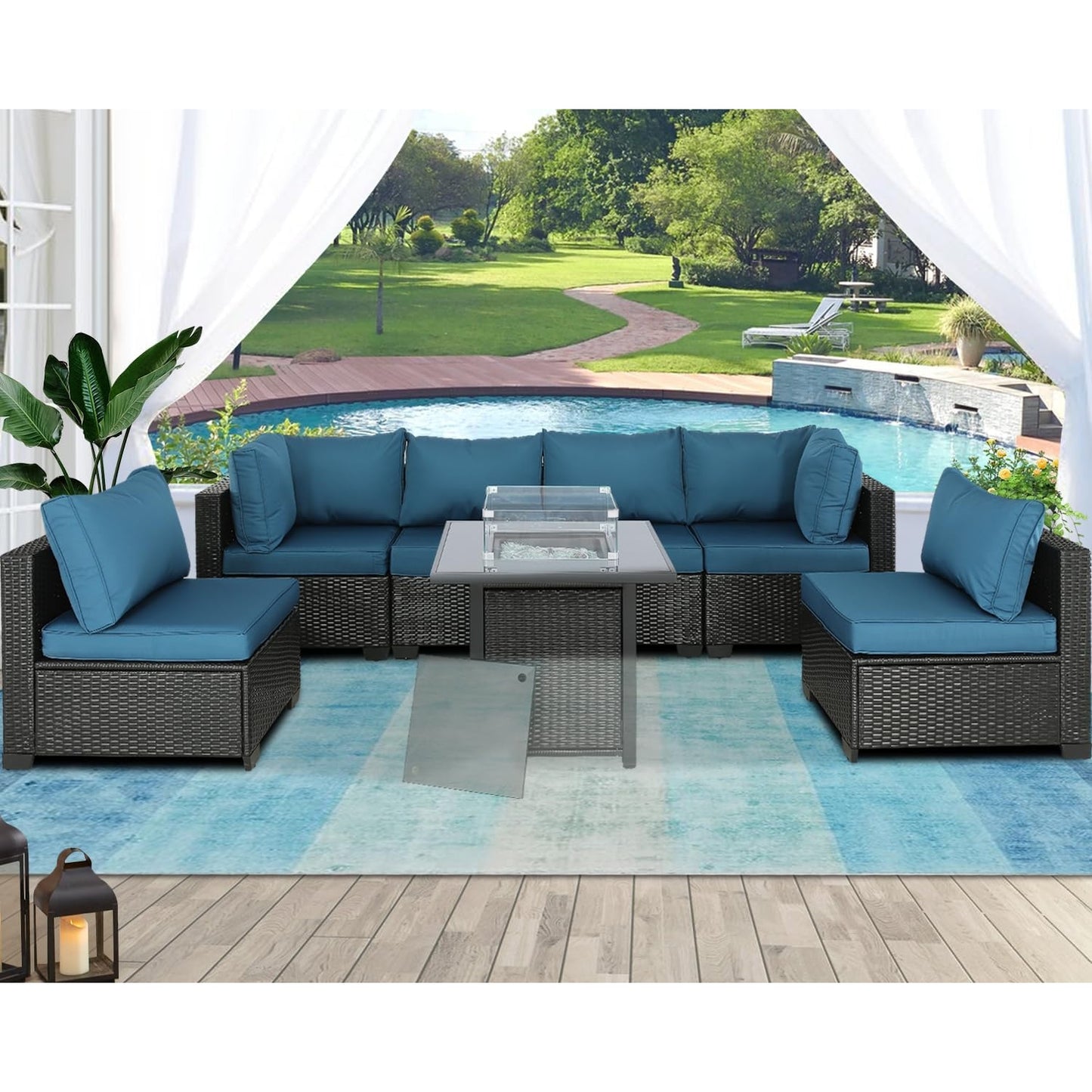 Patio Furniture Sets Outdoor Sectional PE Rattan Outdoor Furniture Patio Conversation Set with Cushions for Balcony Lawn and Garden (Expresso/Navy Blue, 7 pcs w/Table) - Medaid