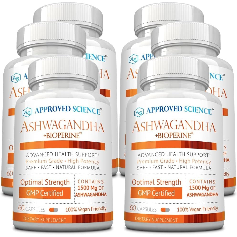 Approved Science Ashwagandha 1500mg with Bioperine® and Ginger- Enhance Memory, Boost Mood & Energy - 60 Vegan Friendly Capsules (6 Bottles) - Medaid