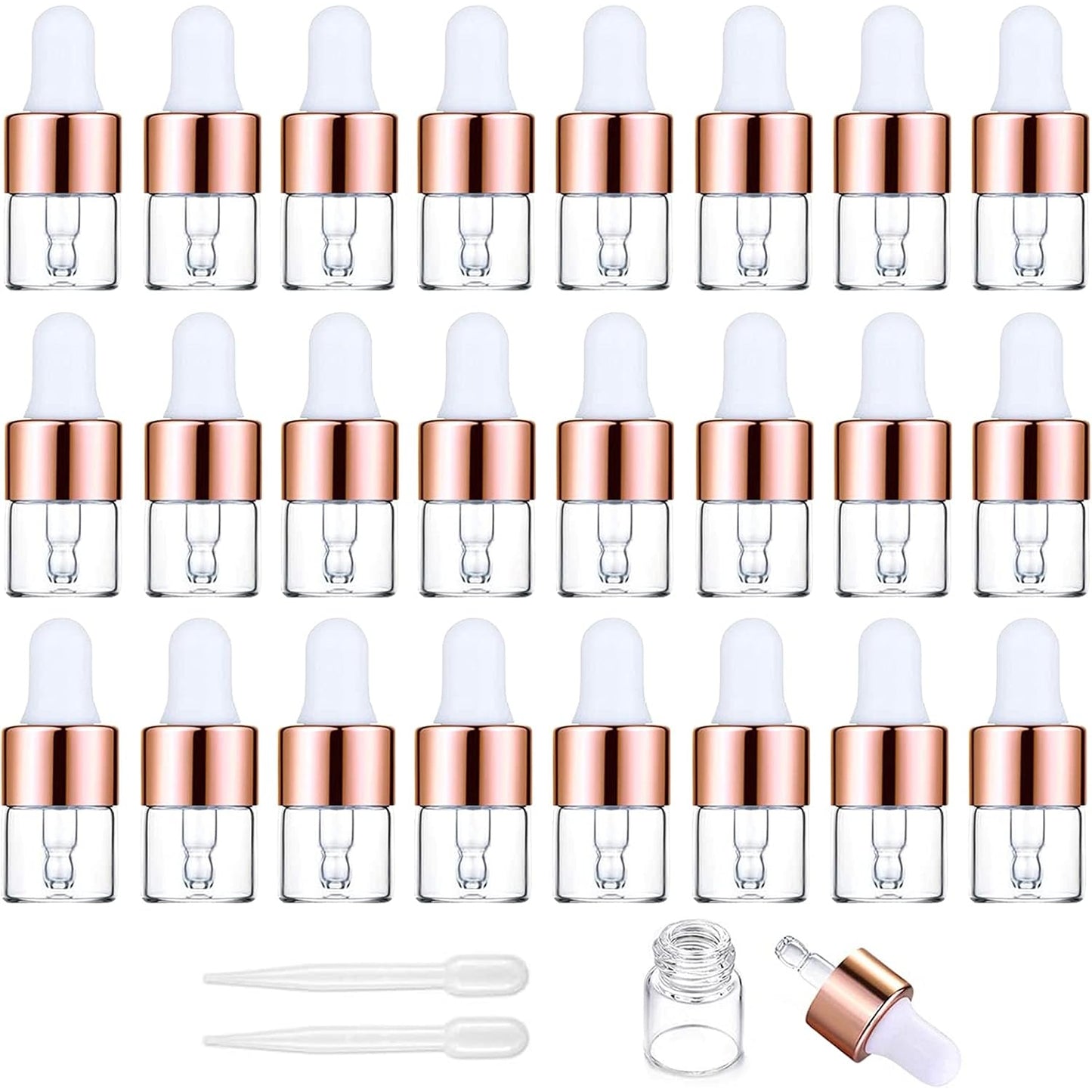 Yalbdopo 24Pcs, 1Ml Transparent Glass Sample Dropper Bottles, Empty Mini Bottles with Dropper Pipettes Gold Aluminum Alloy Cap Refillable Sample Container for Essential Oil Perfume Cosmetic Liquid - Medaid