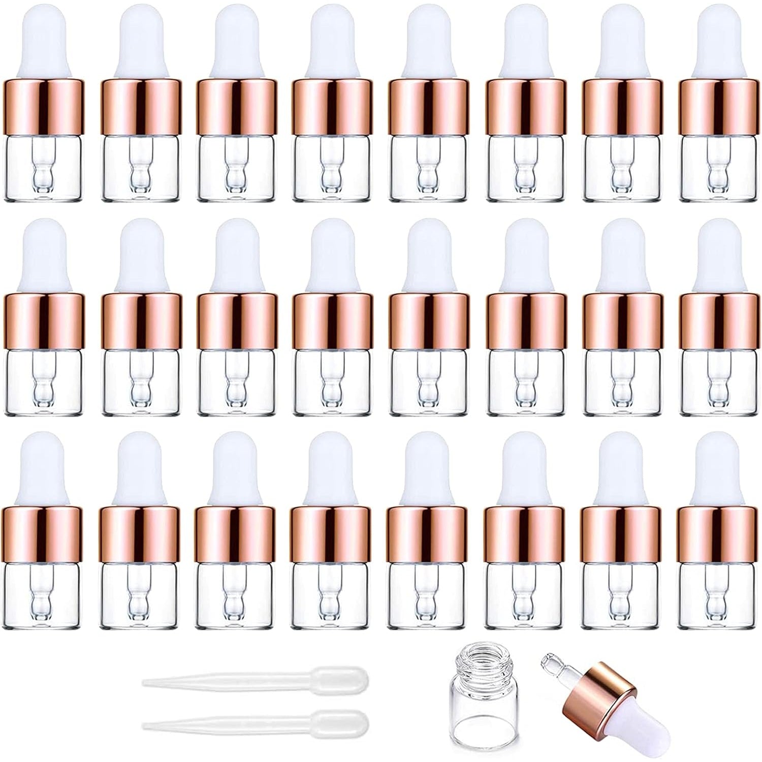 Yalbdopo 24Pcs, 1Ml Transparent Glass Sample Dropper Bottles, Empty Mini Bottles with Dropper Pipettes Gold Aluminum Alloy Cap Refillable Sample Container for Essential Oil Perfume Cosmetic Liquid - Medaid