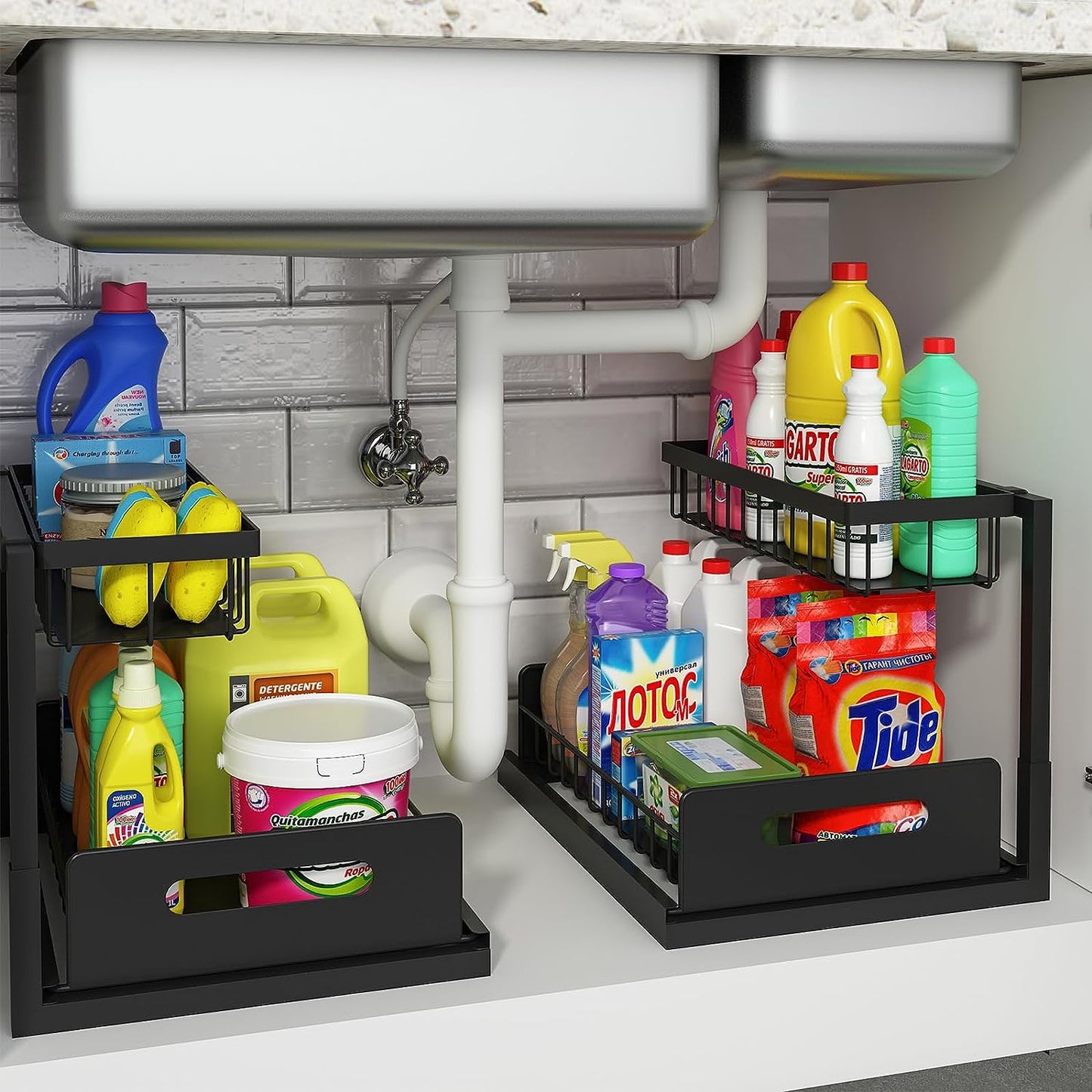 REALINN Under Sink Organizer and Storage, 2 Pack Pull Out Cabinet Organizer Slide Out Sink Shelf Cabinet Storage Shelves, Under Sink Storage for Kitchen Bathroom Cabinet - Medaid