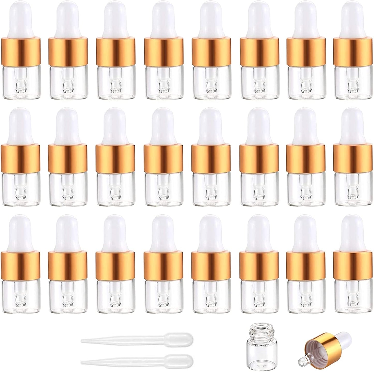 Yalbdopo 24Pcs, 1Ml Transparent Glass Sample Dropper Bottles, Empty Mini Bottles with Dropper Pipettes Gold Aluminum Alloy Cap Refillable Sample Container for Essential Oil Perfume Cosmetic Liquid - Medaid