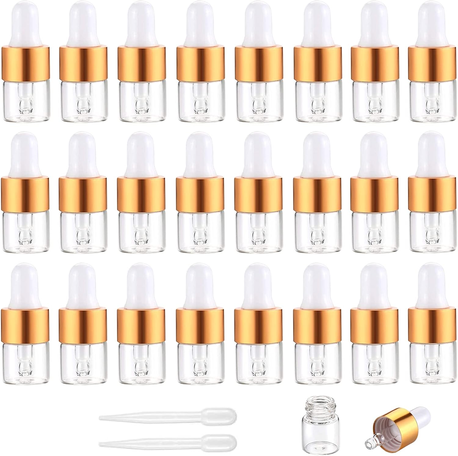 Yalbdopo 24Pcs, 1Ml Transparent Glass Sample Dropper Bottles, Empty Mini Bottles with Dropper Pipettes Gold Aluminum Alloy Cap Refillable Sample Container for Essential Oil Perfume Cosmetic Liquid - Medaid