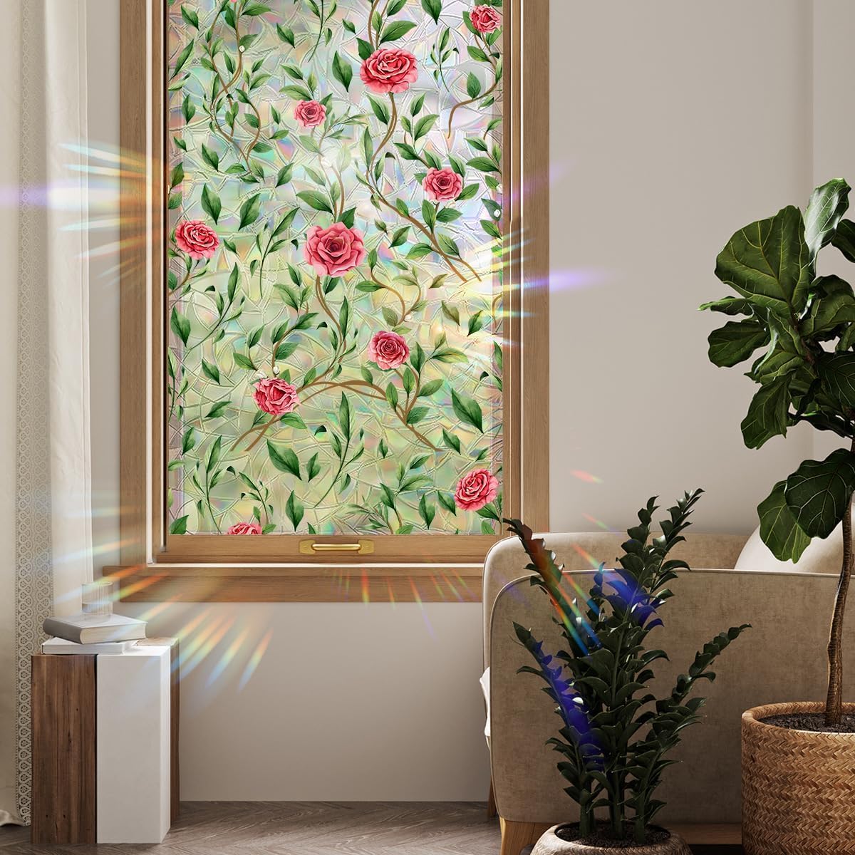 NALACAL Window Privacy Film, Decorative Rose Floral Frosted Window Film, Double Sided Static Glass Window Clings, 45 x 100cm - Medaid