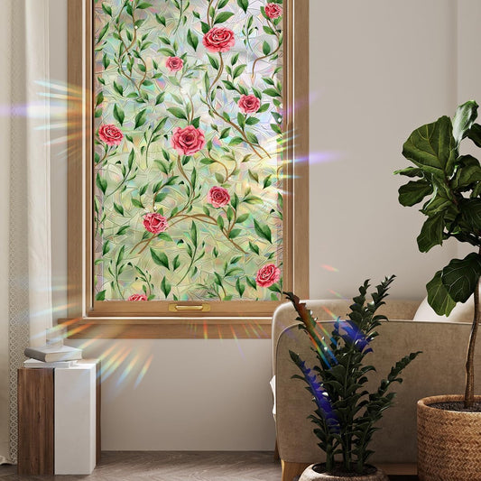 NALACAL Window Privacy Film, Decorative Rose Floral Frosted Window Film, Double Sided Static Glass Window Clings, 45 x 100cm - Medaid
