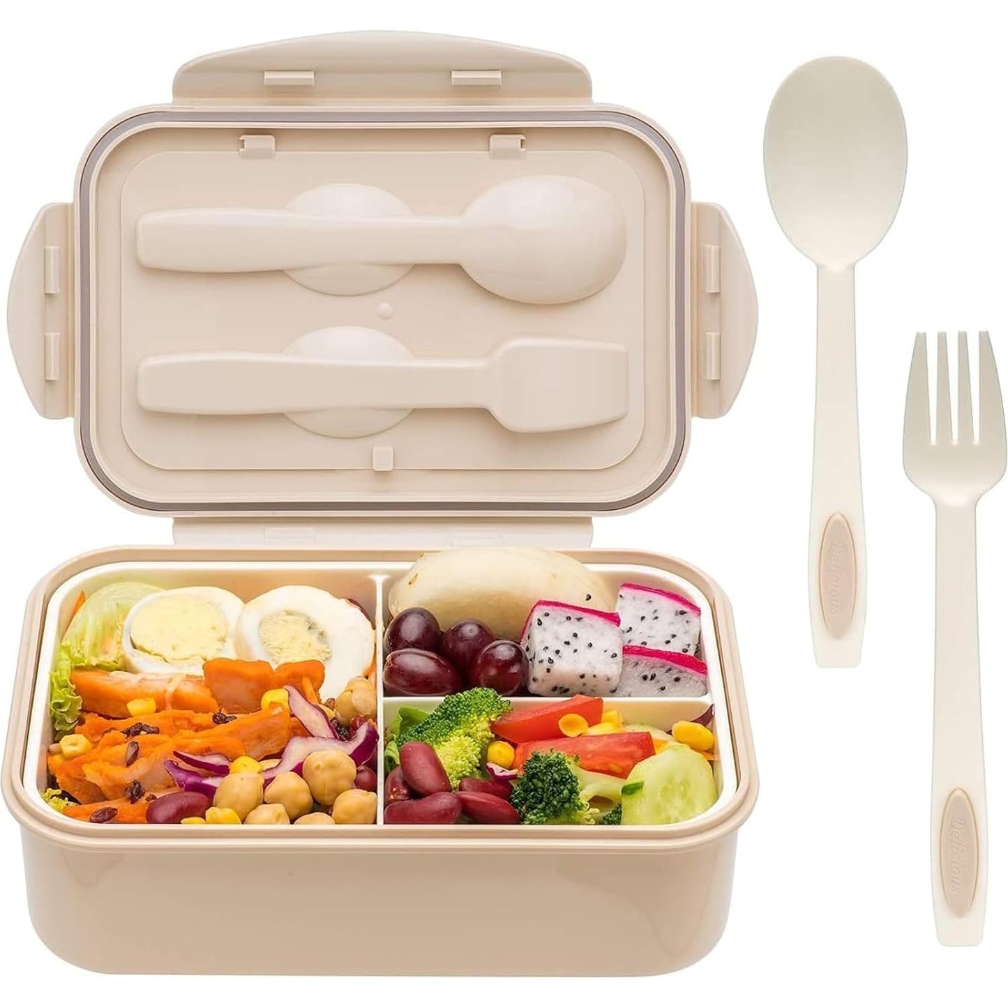 YumLock Bento Box, 3 Compartments 1400ml Lunch Box For Kids and Adults with Reusable Spoon and Fork, Leakproof Food Container for On the Go Meal, Microwave Safe (Khaki) - Medaid
