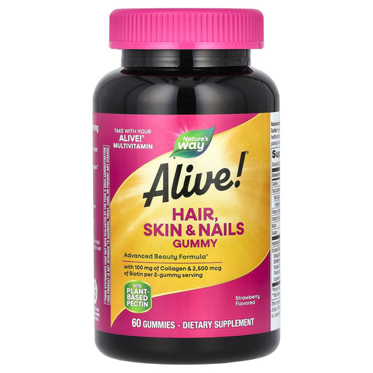 Nature's Way, Alive! Hair, Skin & Nails Gummies, Strawberry, 60 Gummies - Medaid