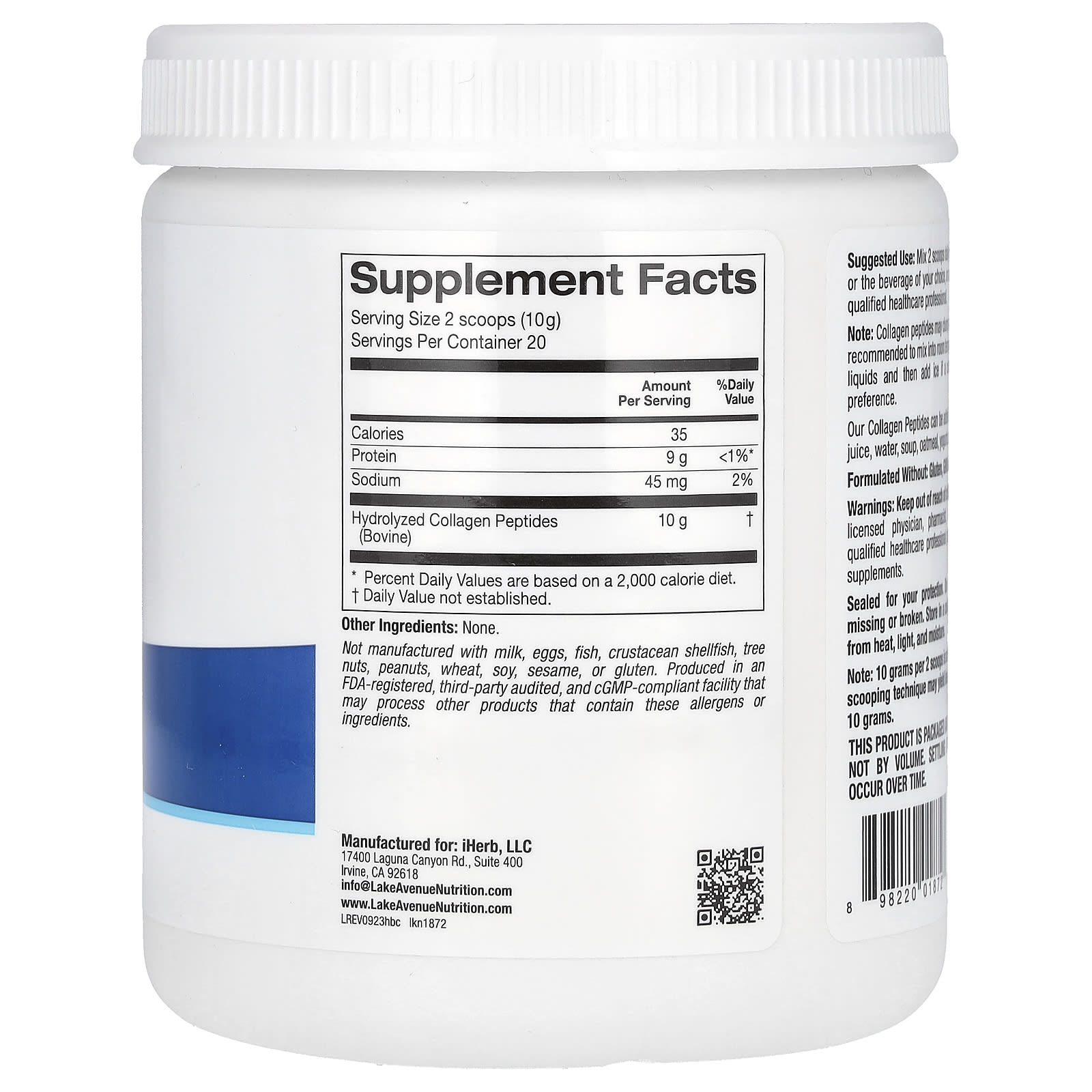 Lake Avenue Nutrition, Hydrolyzed Collagen Peptides, Type I and III, Unflavored, 7.05 oz (200 g) - Medaid