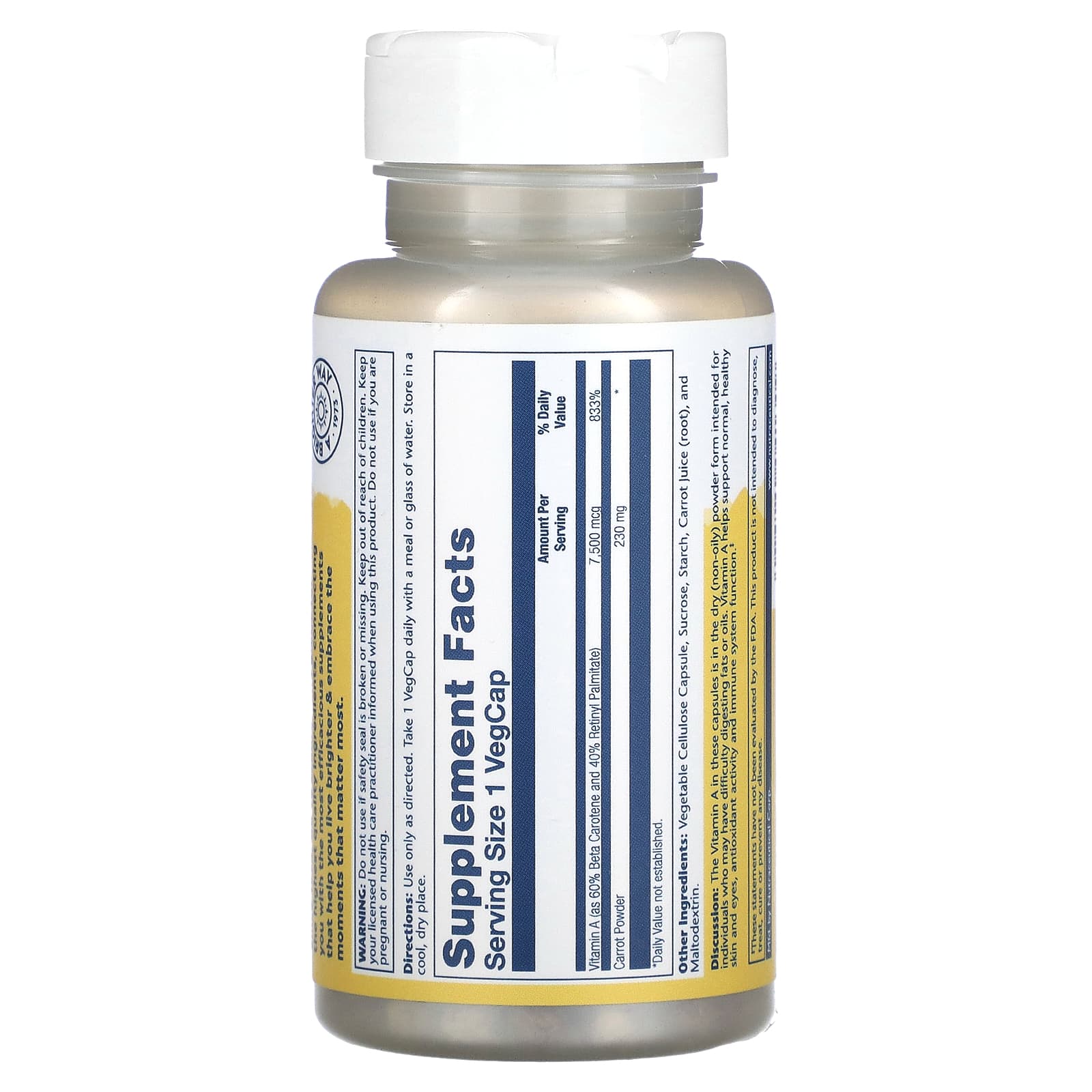 Solaray, Dry Form Vitamin A, 7,500 mcg, 60 VegCaps - Medaid