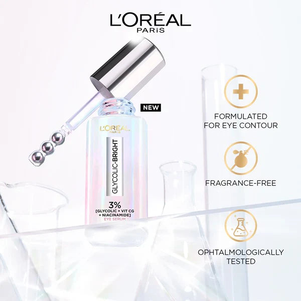 L'Oréal Paris Glycolic [3% Glycolic Acid + Vitamin CG + Niacinamide] Eye Serum for Dark circles, Brighten Eyes 20ml - Medaid