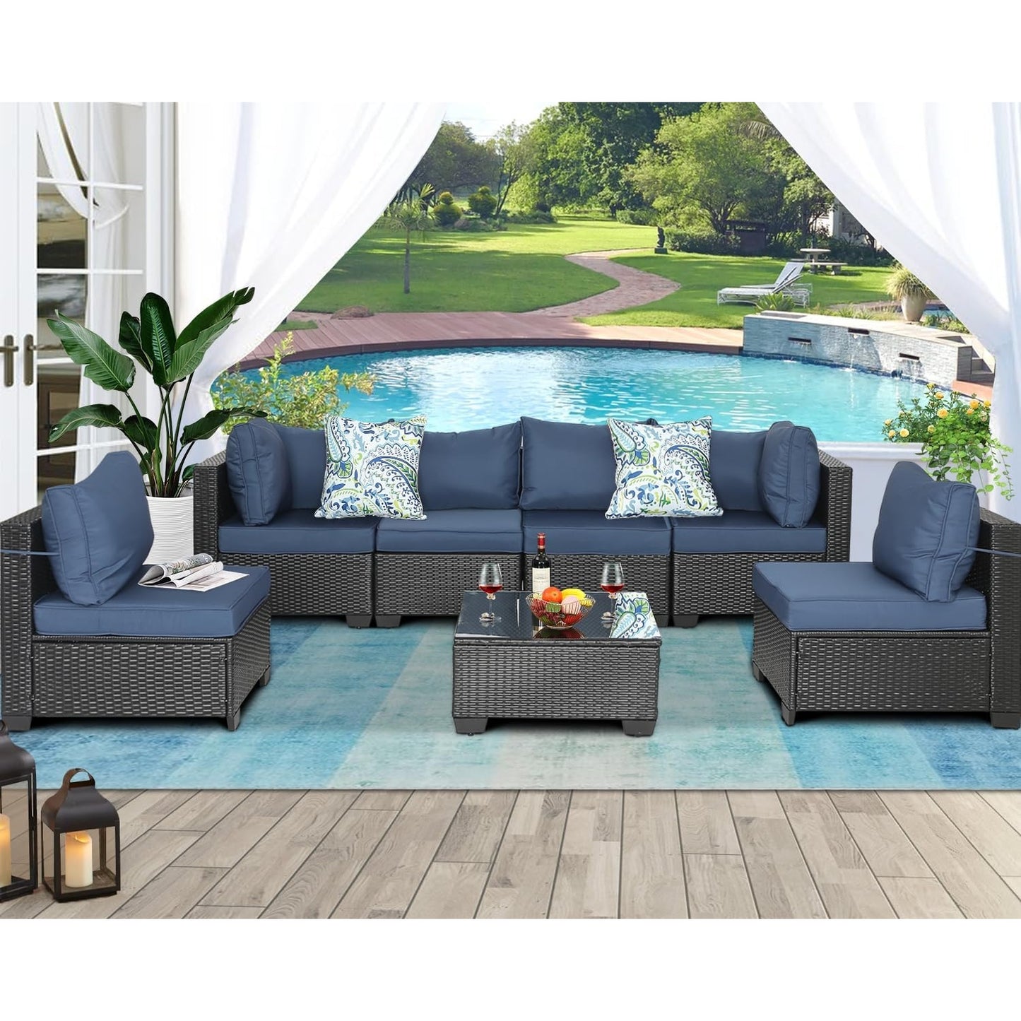 Patio Furniture Sets Outdoor Sectional PE Rattan Outdoor Furniture Patio Conversation Set with Cushions for Balcony Lawn and Garden (Expresso/Navy Blue, 7 pcs w/Table) - Medaid