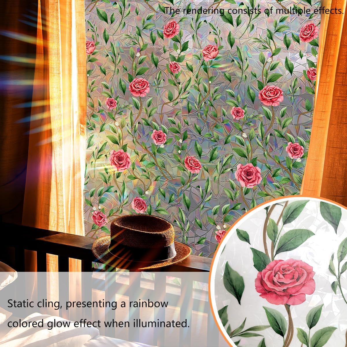 NALACAL Window Privacy Film, Decorative Rose Floral Frosted Window Film, Double Sided Static Glass Window Clings, 45 x 100cm - Medaid