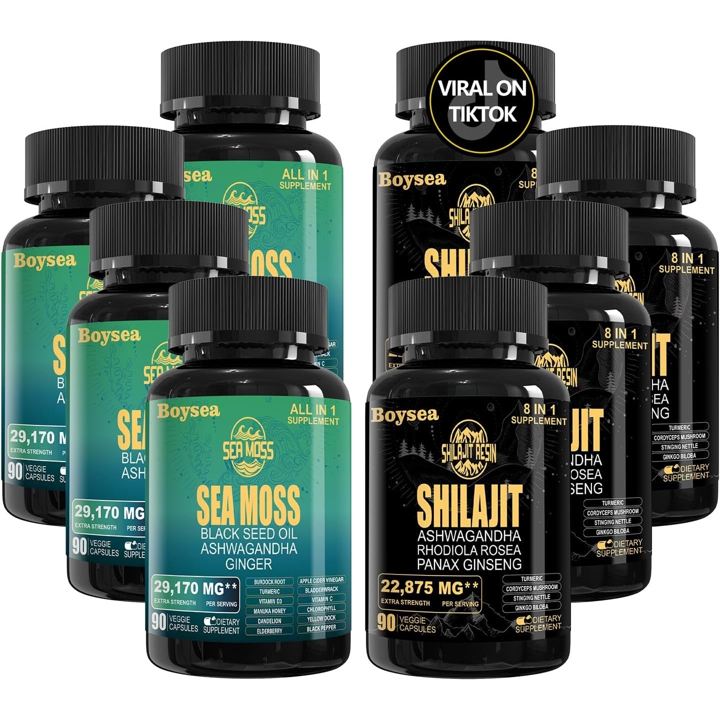 Boysea Superfood Supplement Bundle - 90 Count Sea Moss Capsules (Sea Moss, Black Seed Oil) & 90 Count Pure Shilajit Capsules (Shilajit, Ashwagandha) - 4 Pack - Medaid