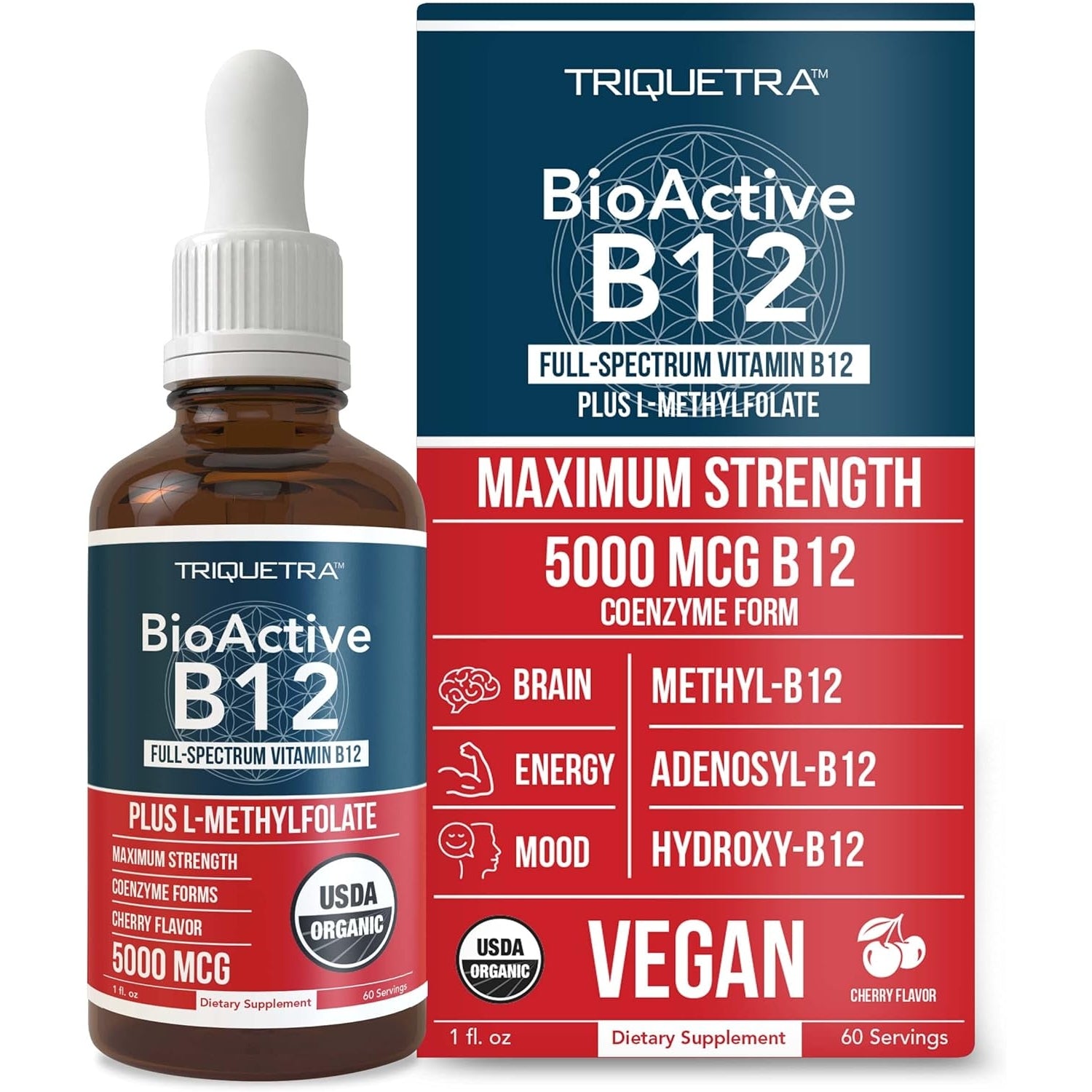 BioActive Vitamin B12 5000 mcg | Contains 3 BioActive B12 Forms Plus Methylfolate Cofactor - Methyl B12, Adenosyl B12 & Hydroxy B12 | Sublingual Form, Cherry Flavor, Organic, Vegan (60 Servings) - Medaid