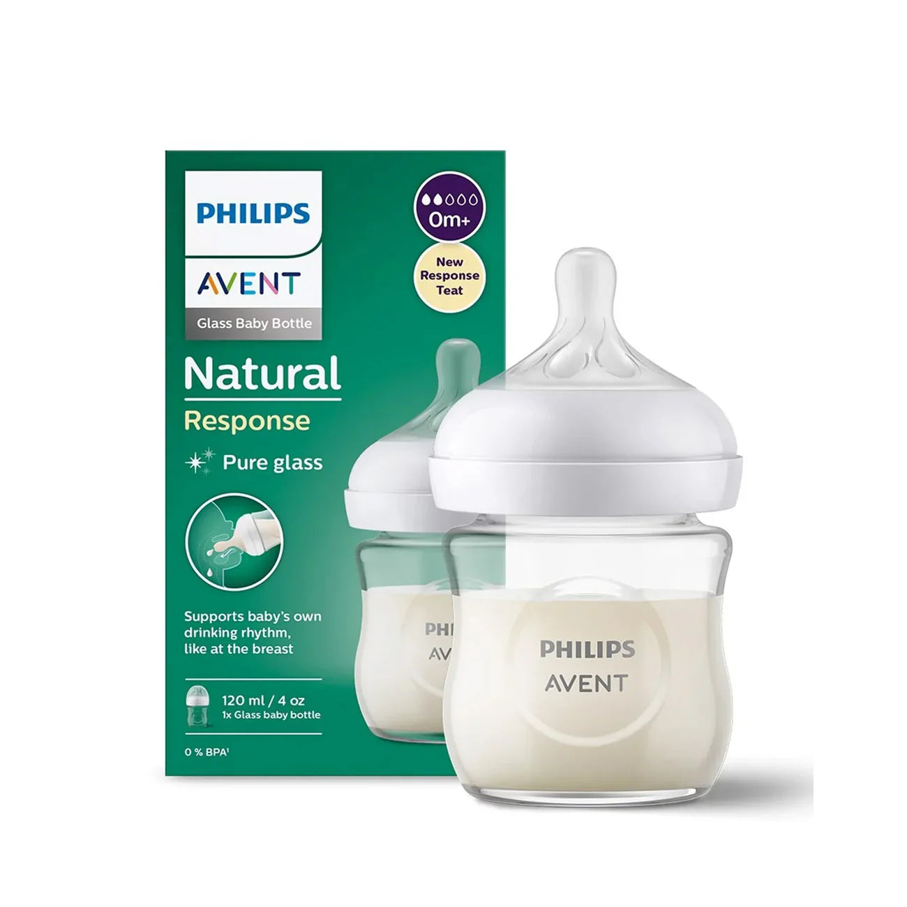 Natural Response Glass Baby Bottle, 0m+ 120ml - Medaid International