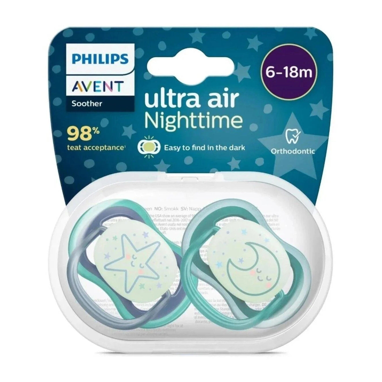Ultra Air Night Time Soother 6-18m Pack of 2 Moon - Medaid International