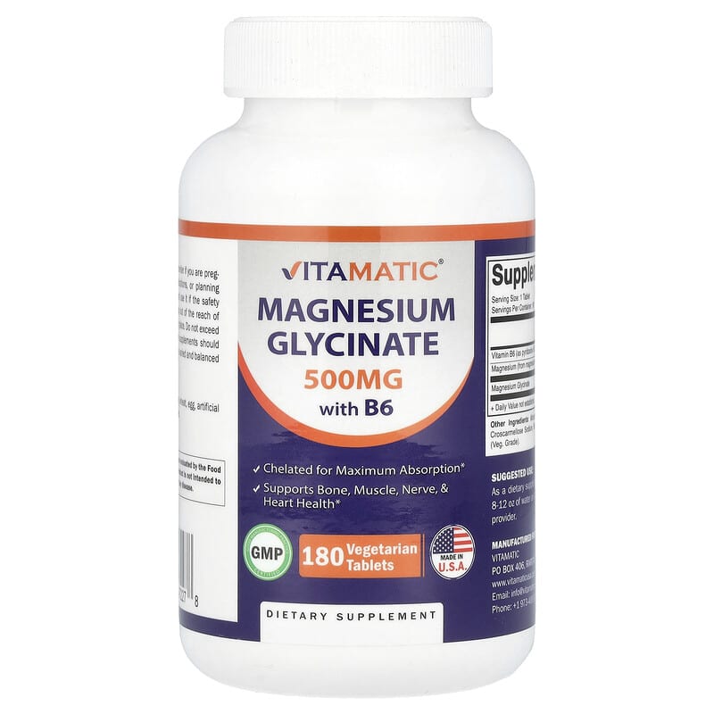 Vitamatic, Magnesium Glycinate with B6, 500mg, 180 Vegetarian Tablets - Medaid