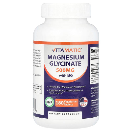 Vitamatic, Magnesium Glycinate with B6, 500mg, 180 Vegetarian Tablets - Medaid