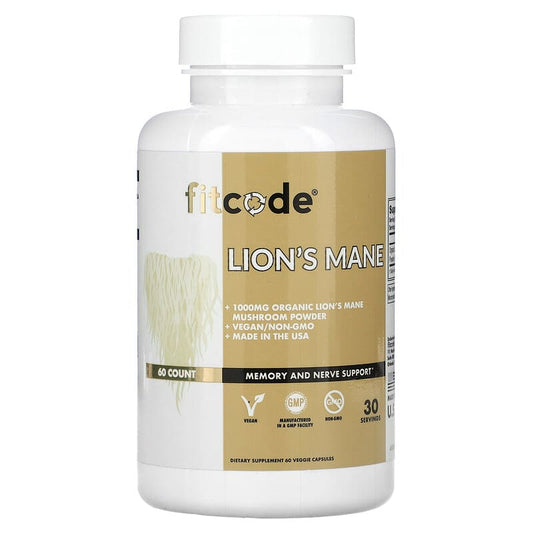 fitcode, Lion's Mane, 1,000 mg, 60 Veggie Capsules (500 mg per Capsule) - Medaid