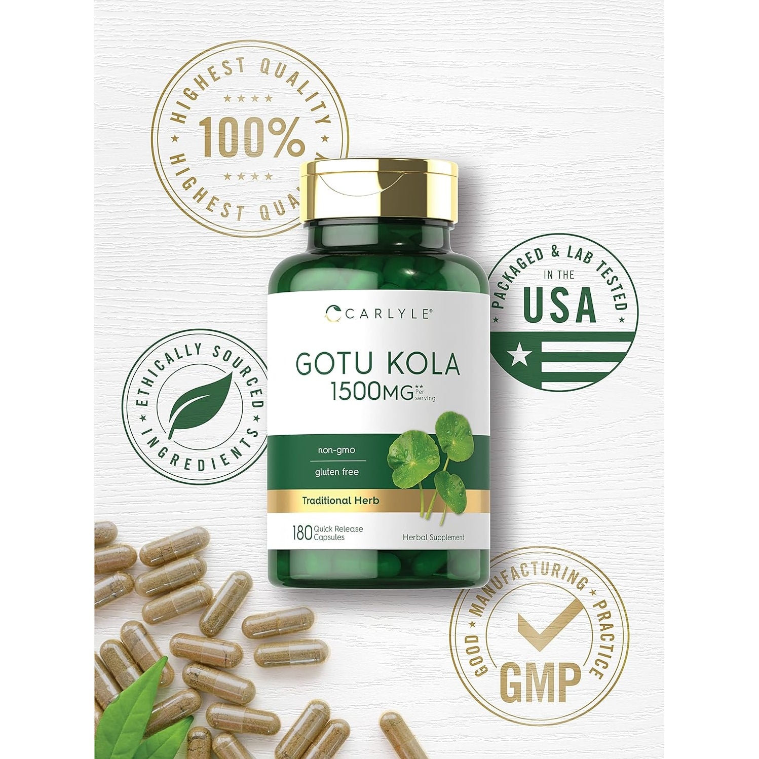 Carlyle Gotu Kola Capsules 1500mg | 180 Count | Non-GMO, Gluten Free | Traditional Herb Extract - Medaid