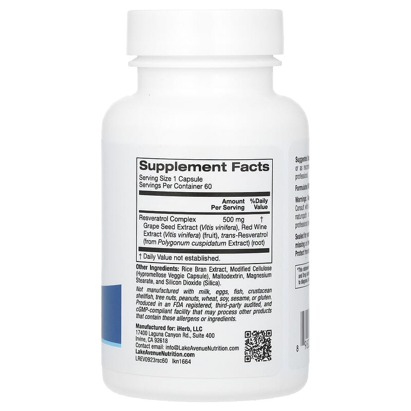 Lake Avenue Nutrition, Resveratrol, 500 mg, 60 Veggie Capsules - Medaid