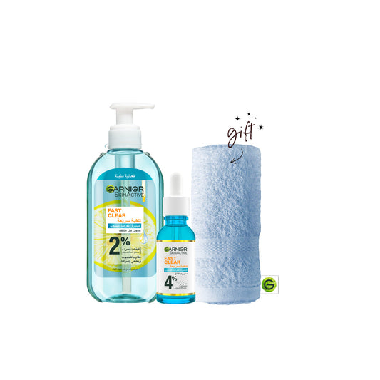 Garnier Fast Clear Anti-Acne Serum & Gel Wash Bundle + Towel Gift - Medaid