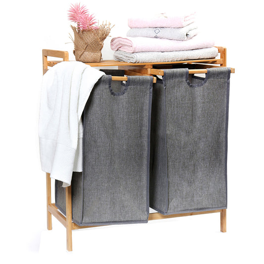 73 CM Bamboo Laundry Hamper with Dual Compartments Storage and Organizer Baskets with Removable Sliding Bag and Top Shelf for Bathroom and Bedroom - Medaid
