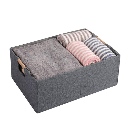 42 CM Foldable Fabric Storage Box with Wooden Handles Multipurpose Collapsible Closet Organizer Bins for Clothes Toys Towels and Blankets Gray - Medaid