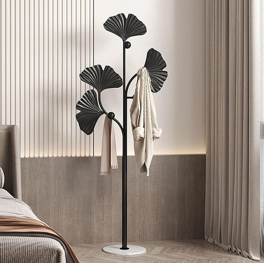175 CM Freestanding Leaf Shape Metal Coat Rack with Stable Marble Base Clothes Hanger Stand with 5 Hooks Coat Racks for Hats Scarves Handbags Black - Medaid