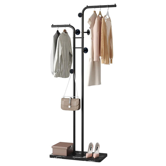 185 CM Freestanding Metal Coat Rack Stand with Stable Marble Base Clothes Hanger Stand with 5 Hooks Coat Racks for Hats Scarves Handbags Black - Medaid