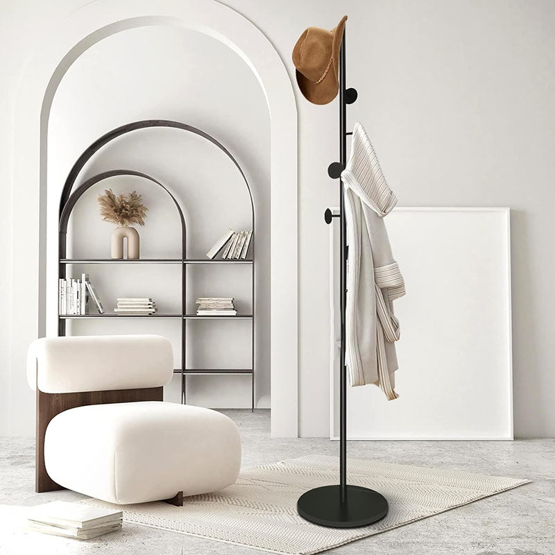 Beauenty Clothes Stand with Stable Marble Base, Free Standing Coat Hook Stand for Clothes, Easy Essembly Coat Rack with 7 Hooks for Coats, Hats, Scarves, Clothes, and Handbags (Black+Black) - Medaid