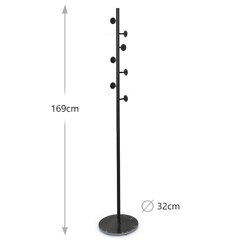 Beauenty Clothes Stand with Stable Marble Base, Free Standing Coat Hook Stand for Clothes, Easy Essembly Coat Rack with 7 Hooks for Coats, Hats, Scarves, Clothes, and Handbags (Black+Black) - Medaid