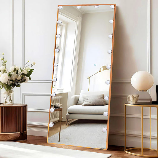 170 CM, Modern Mirror with LED Bulbs and Smart Touch Control, Wall Mounted Mirror with Gold Metal Frame for Bedroom, Living Room - Medaid