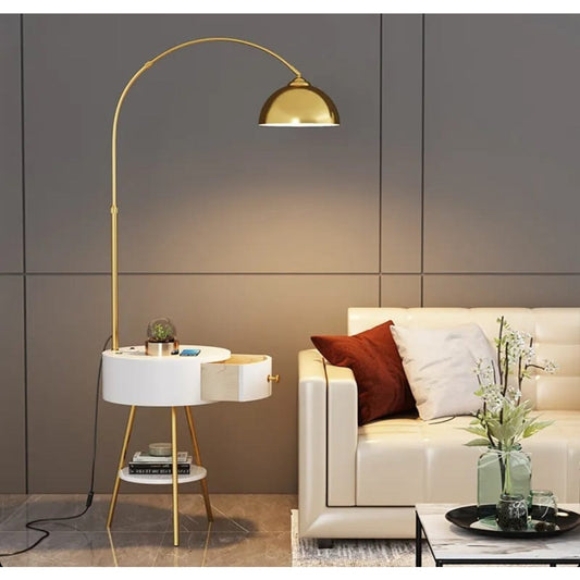 Modern End Table Arched Floor Lamp with Shelves and Drawer for Living Room Bedroom - Medaid
