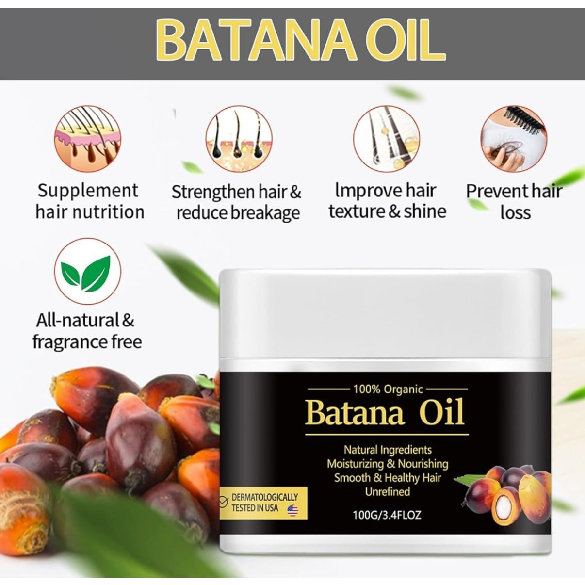 WHITE GAINS Batana Oil Hair Cream - 100% Natural Batana Oil to Prevent Hair Loss, Eliminate Split Ends, Repair Damaged Hair - Organic Hair Growth Serum for Men & Women, Thick Hair Growth from Honduras - Medaid