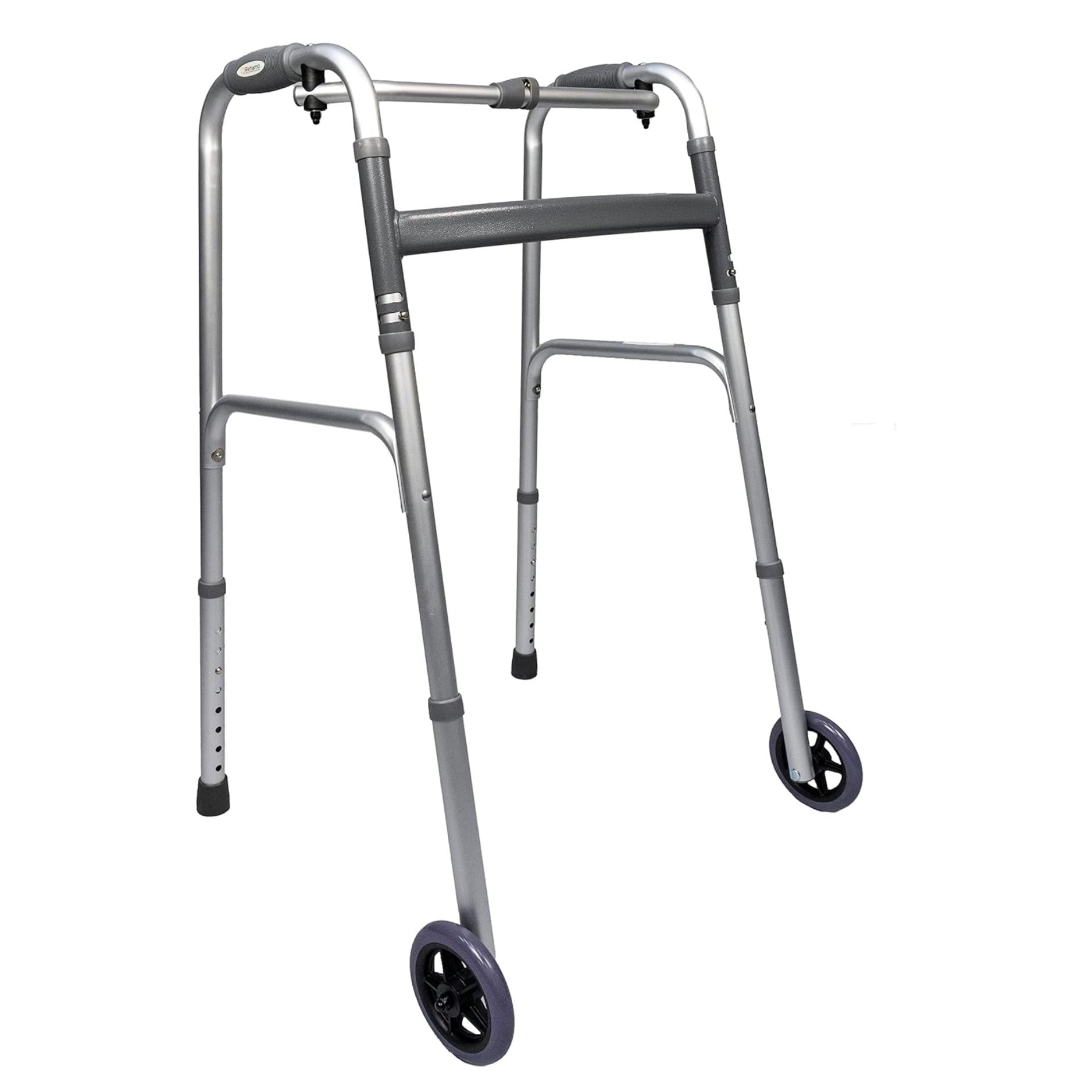 Rehamo Aluminum Height Adjustable Walker with Wheels | Foldable Walker for Elderly, Seniors, Disabled & Adults | Portable Walking Frame for Indoor & Outdoor Use | Weight Capacity - 120 Kgs - Medaid