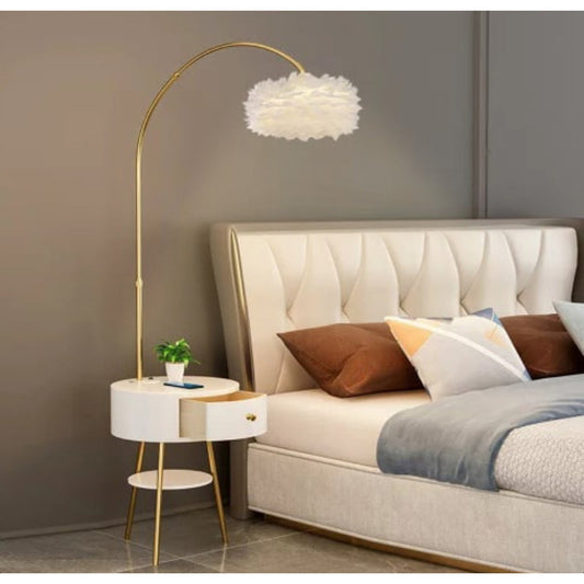 Modern End Table Feather Arched Floor Lamp with Shelves and Drawer for Living Room Bedroom - Medaid