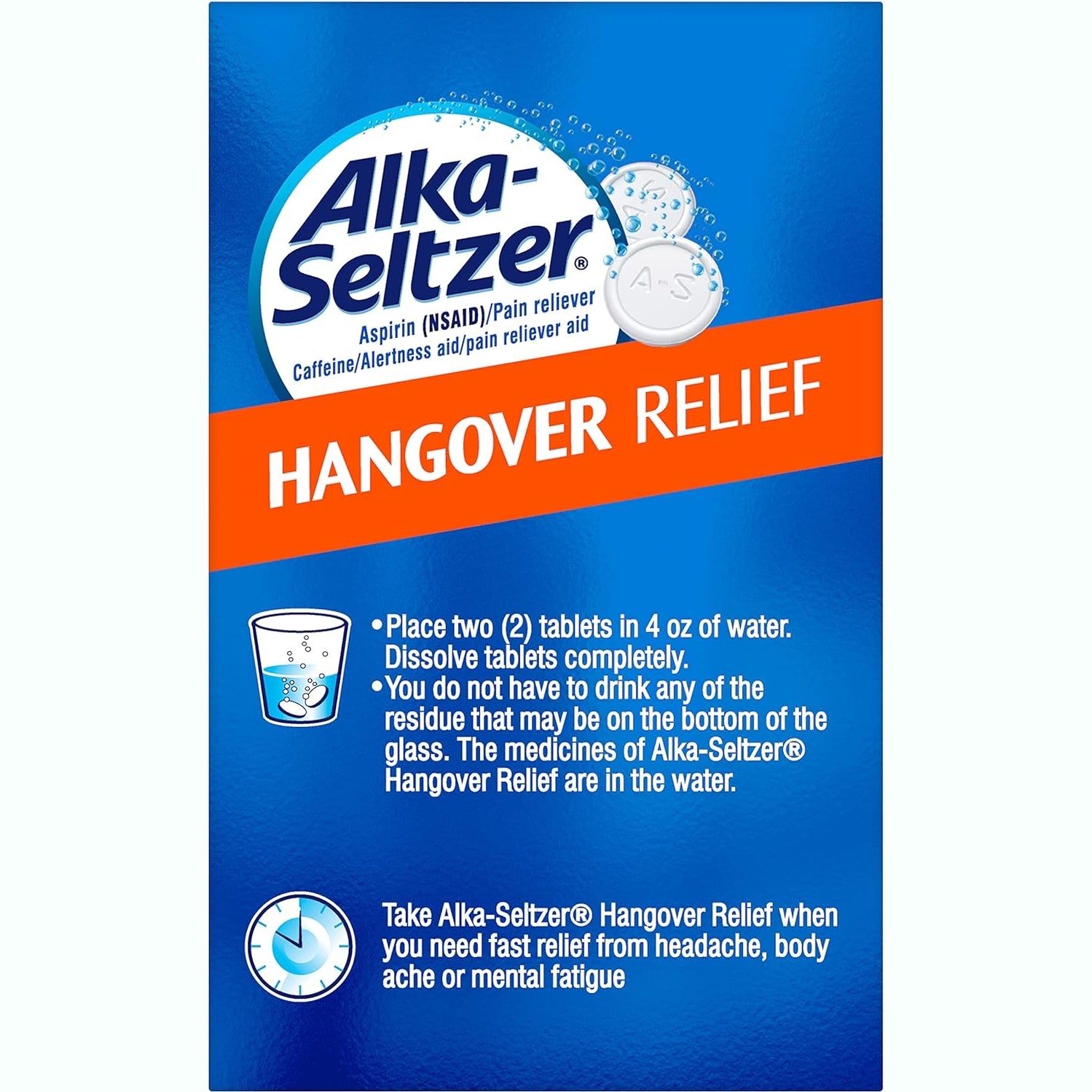 Alka-Seltzer Hangover Relief Effervescent Tablets Formulated for Fast Relief of Headaches, Body Aches and Mental Fatigue, 20CT - Medaid