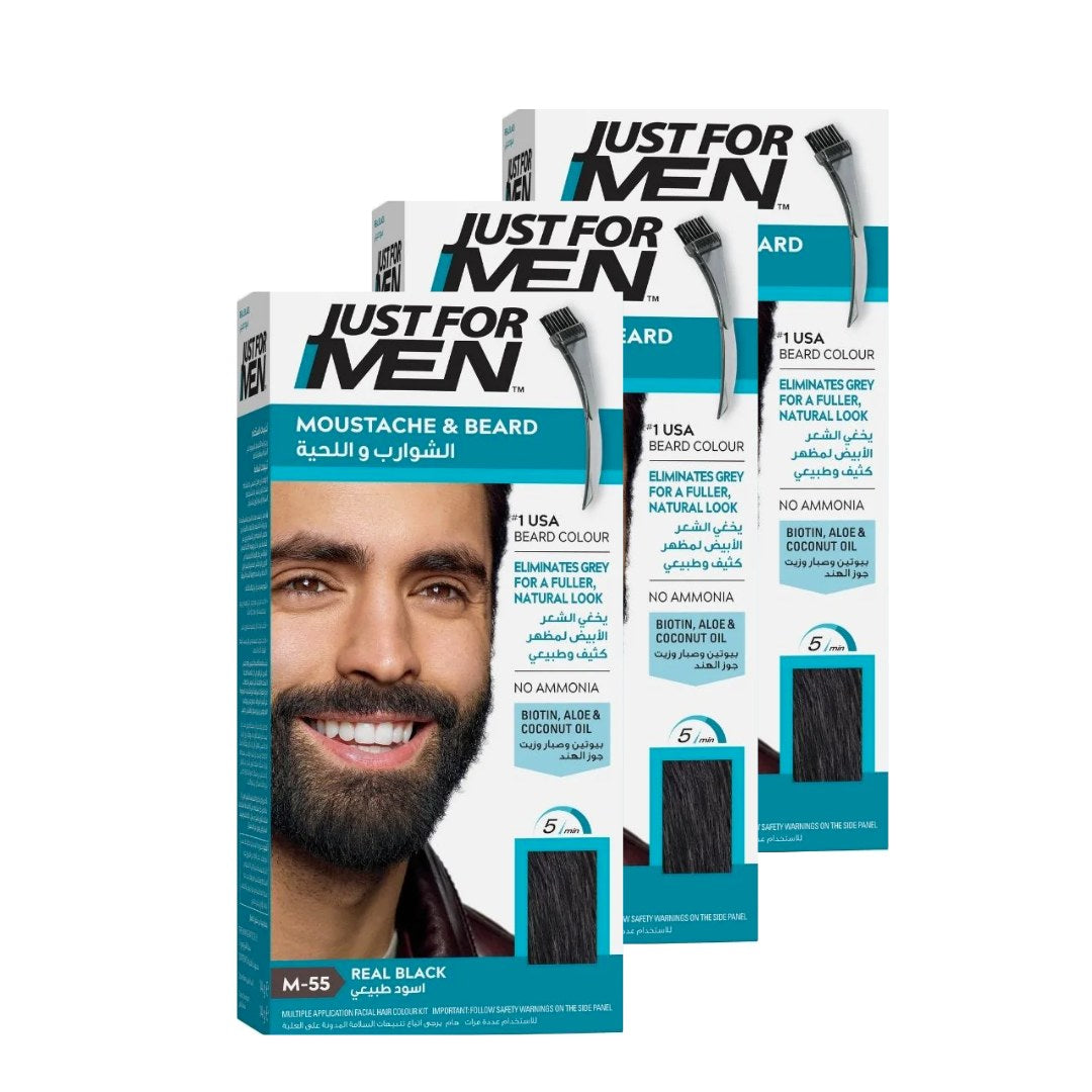 Just For Men x 3 Brush-In Color Gel Mustache & Beard Real Black M-55 - Medaid