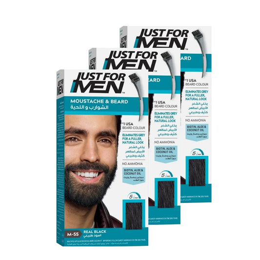 Just For Men x 3 Brush-In Color Gel Mustache & Beard Real Black M-55 - Medaid