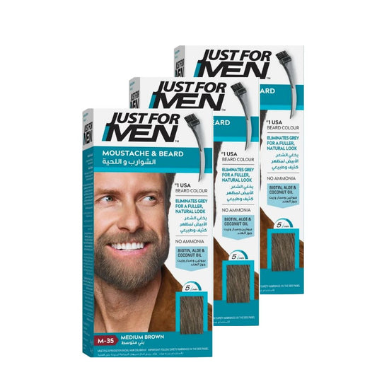 Just For Men x 3 Brush-In Color Gel Mustache & Beard Medium Brown M-35 - Medaid