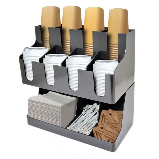 Multi Compartment Cup and Lid Organizer Paper Cups Dispenser Storage and Organizer Stand for Tea Bags Coffee Capsules Sugar Packets and Straws Black - Medaid