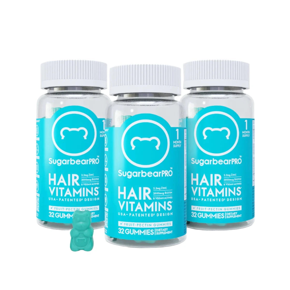 Sugarbear Pro Hair Vitamin Vegan Gummies - 3 Month Pack + Brush - Medaid