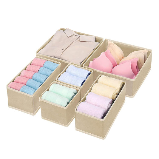 Set of 6 Drawer Storage Box Foldable Wardrobe Organizer Boxes Multipurpose Storage Organizer Bin for Shirts Underwear Ties and Bras Beige - Medaid