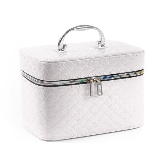 21 CM Waterproof Leather Makeup Storage Box with Double Zipper and Handle Portable Travel Case Organizer with Mirror for Makeup Cosmetics Vanity White - Medaid