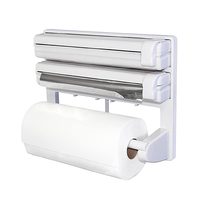 38 CM, Wall Mounted Triple Paper Dispenser with Cutter and Storage Shelf for Cling Film Wrap, Aluminum Foil and Kitchen Paper Roll for Kitchen Usage - Medaid