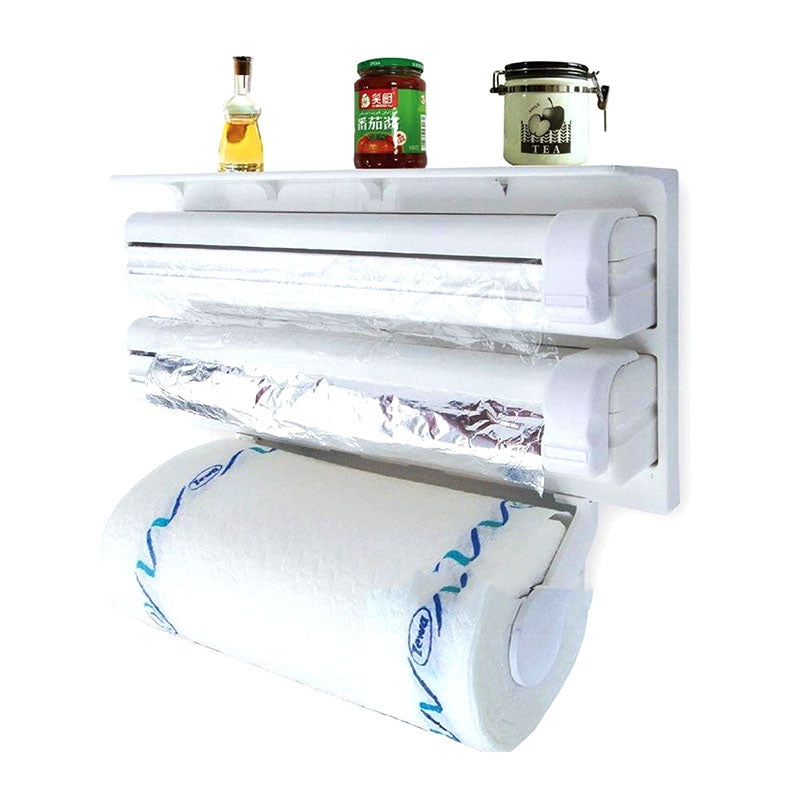38 CM, Wall Mounted Triple Paper Dispenser with Cutter and Storage Shelf for Cling Film Wrap, Aluminum Foil and Kitchen Paper Roll for Kitchen Usage - Medaid