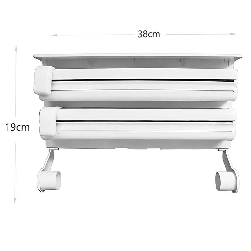 38 CM, Wall Mounted Triple Paper Dispenser with Cutter and Storage Shelf for Cling Film Wrap, Aluminum Foil and Kitchen Paper Roll for Kitchen Usage - Medaid